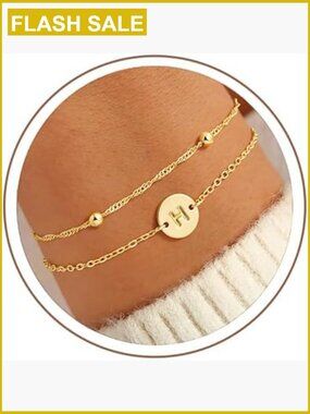 14K Gold Plated Dainty Disc Initial Link Bracelets Jewelry Gift for Women